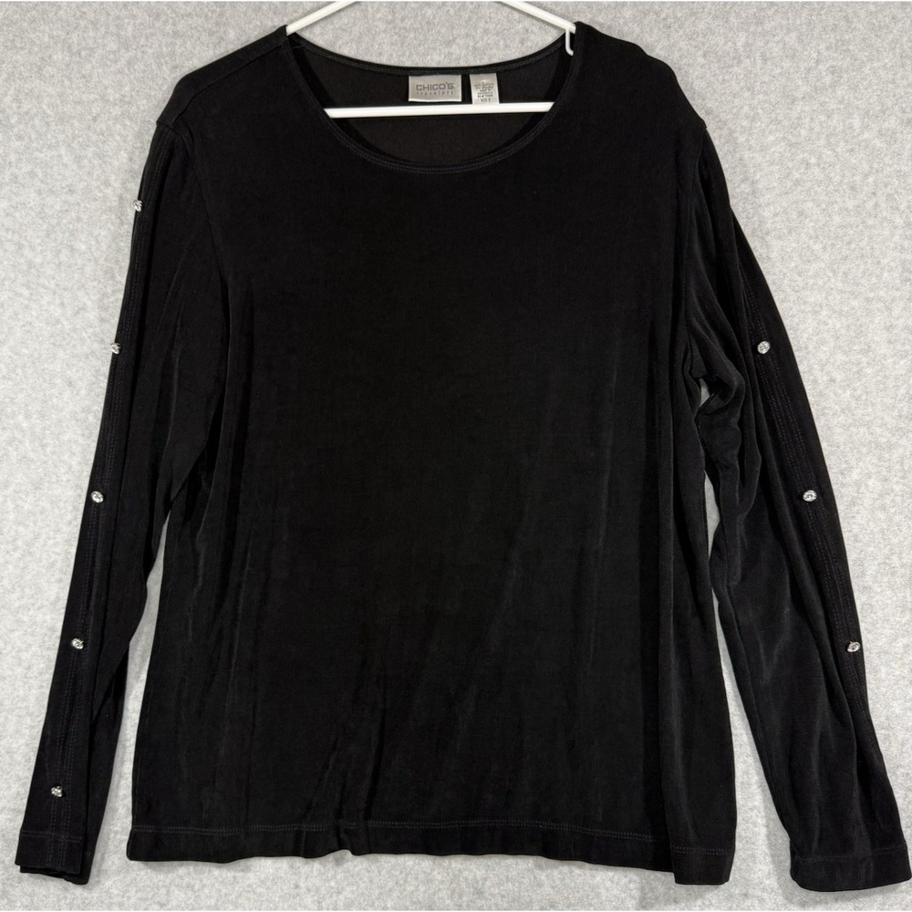 Chicos Travelers Top Women's Size 3 (XL) Diamond Girl Black Slinky Decor‎ Sleeve